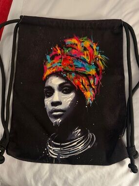 Black Drawstring Bag with Colorful Headwrap Print